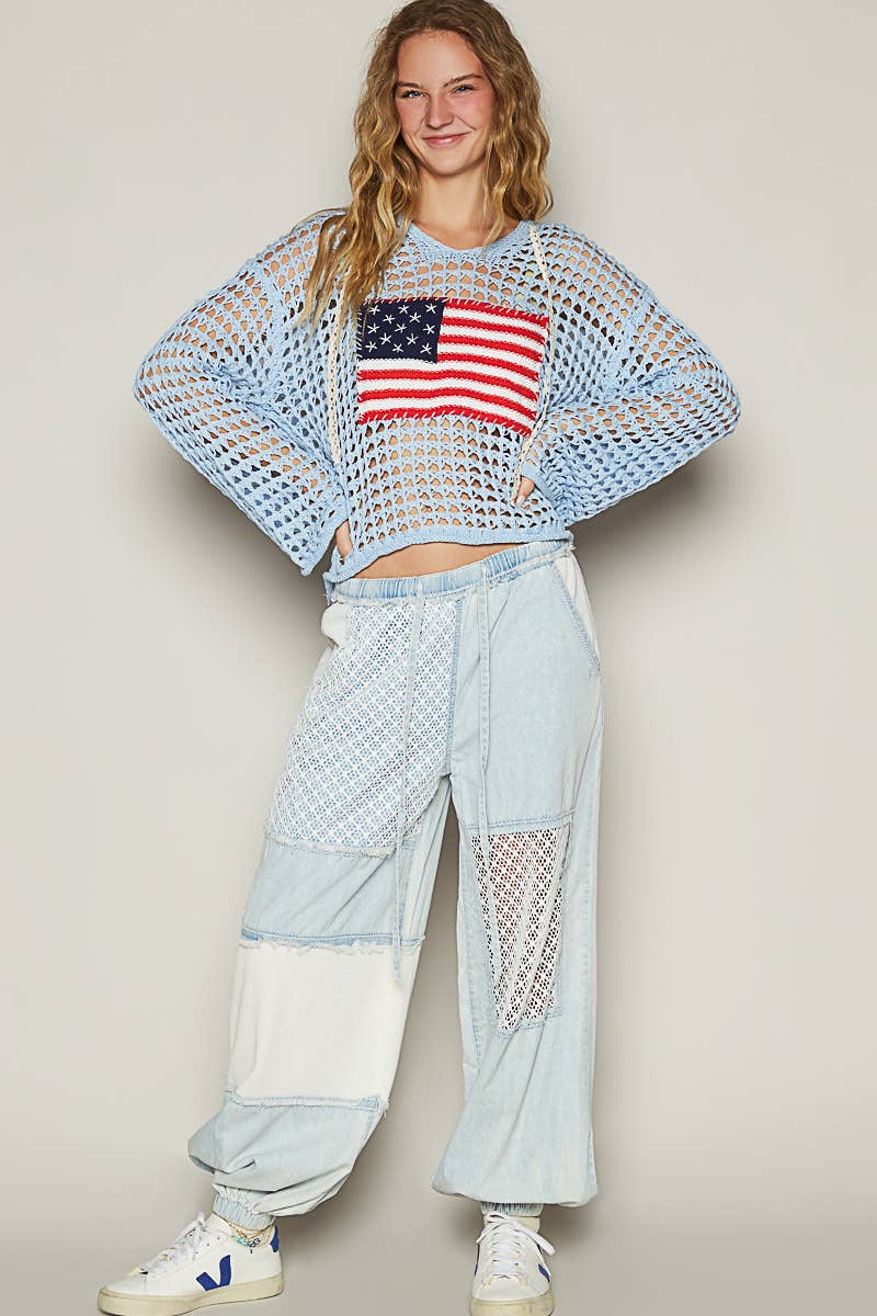 POL Long sleeve American flag hoodie thin sweater top