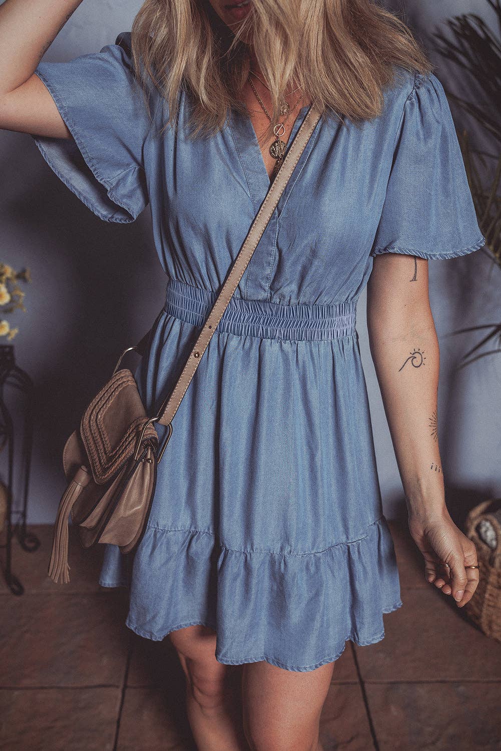 Denim Ruffle V-Neck Spring Mini Dress