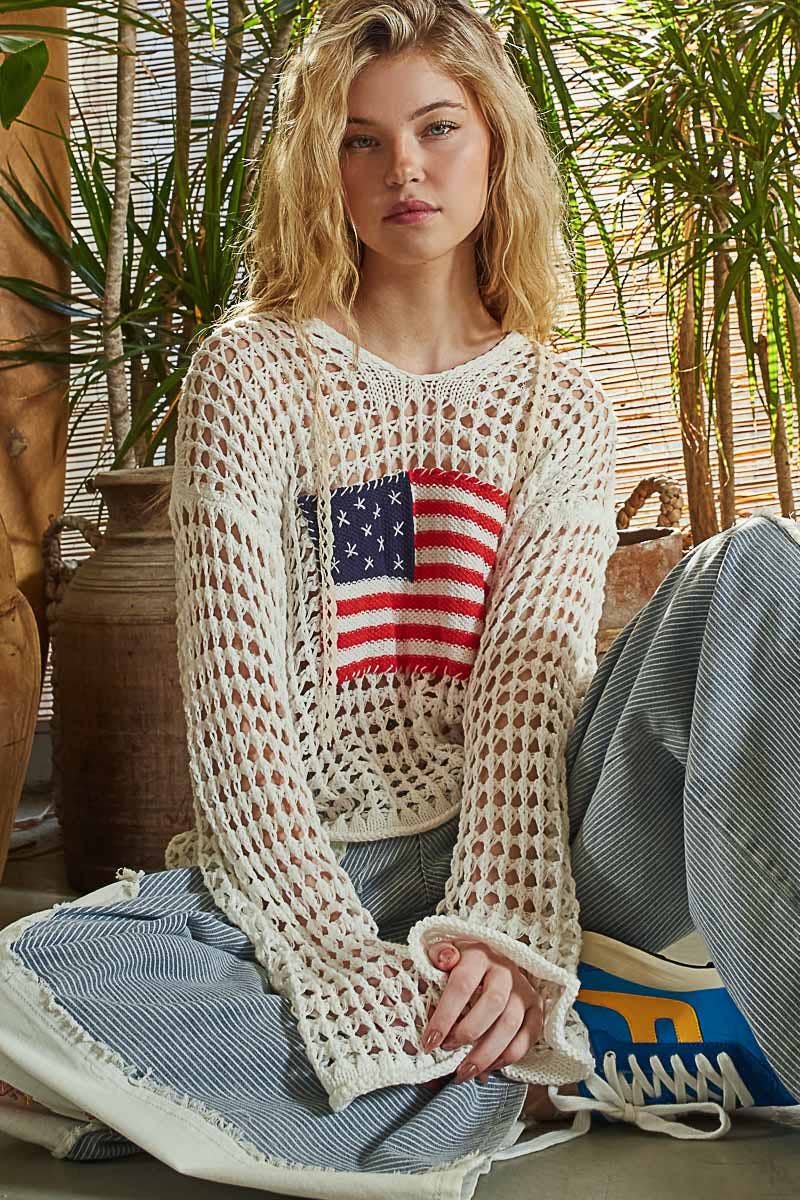 POL Long sleeve American flag hoodie thin sweater top