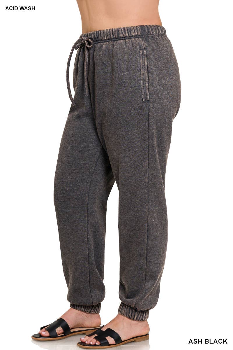 ZENANA SNOW ACID WASH FLEECE SWEATPANTS WITH POCKETS