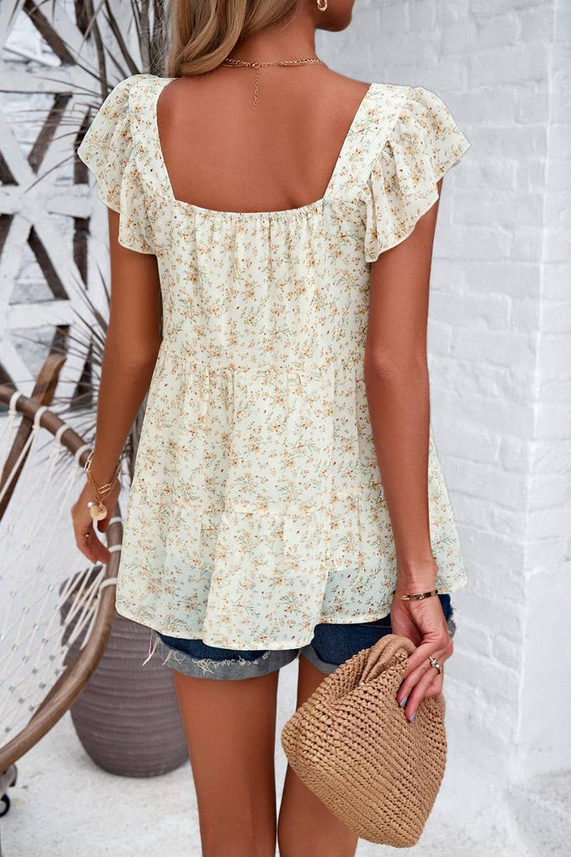 Square Neck Floral Ruffle Sleeve Top
