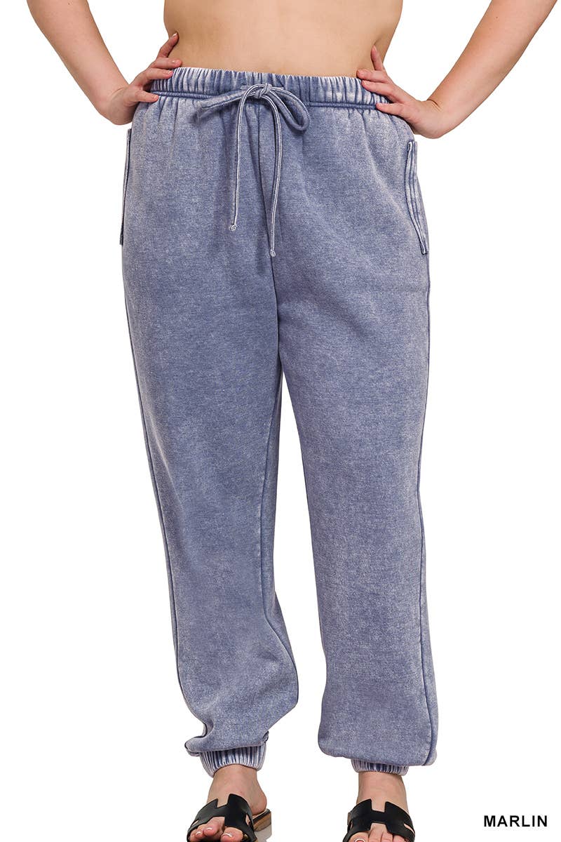 ZENANA SNOW ACID WASH FLEECE SWEATPANTS WITH POCKETS