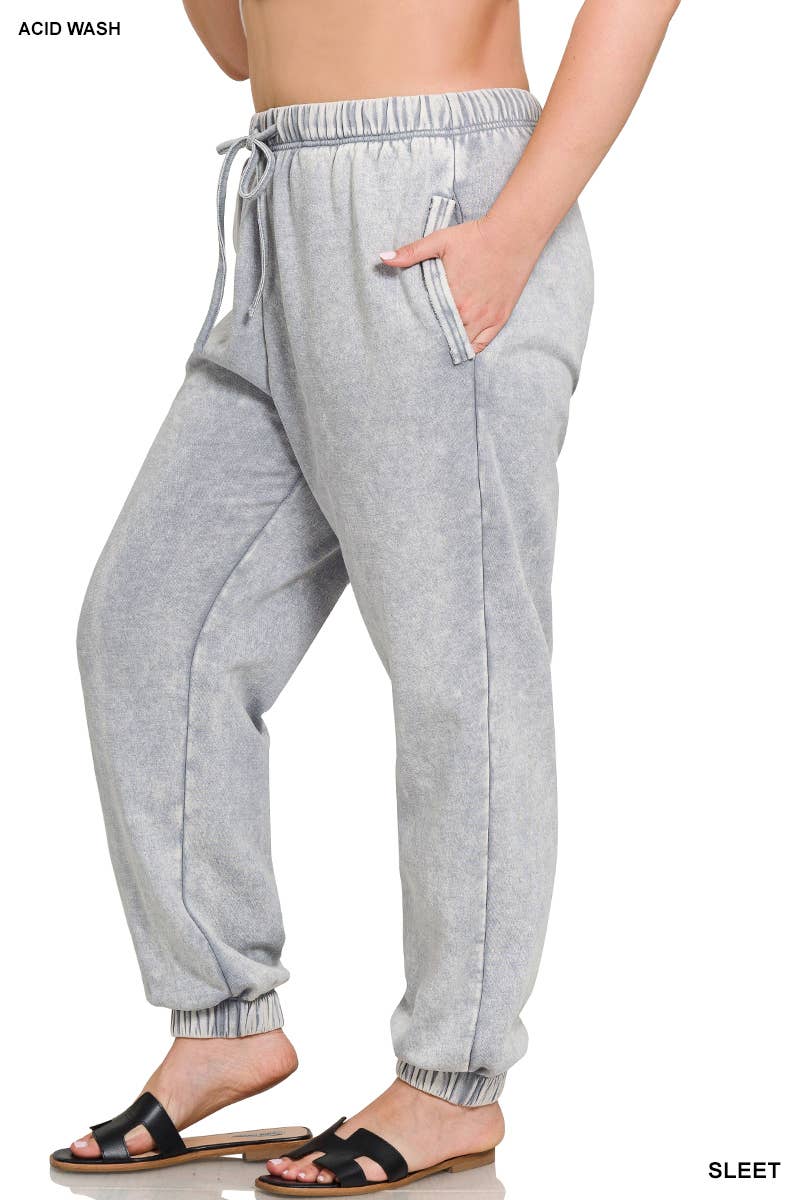 ZENANA SNOW ACID WASH FLEECE SWEATPANTS WITH POCKETS