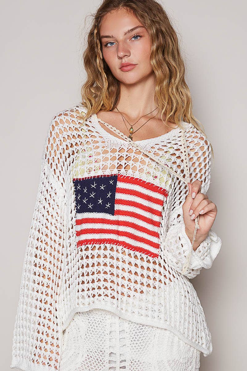 POL Long sleeve American flag hoodie thin sweater top