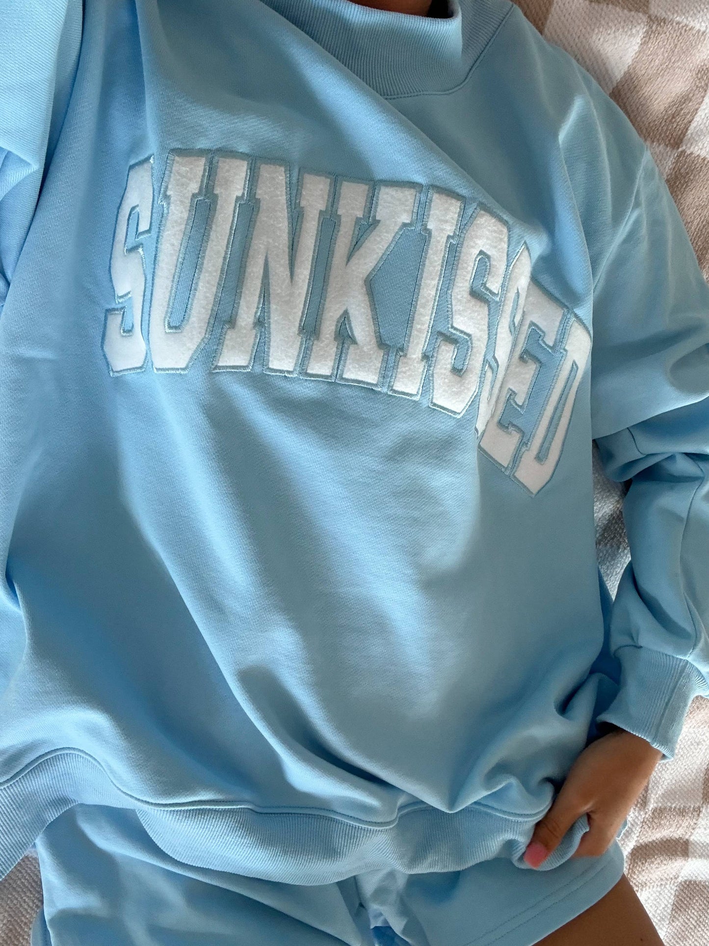 Sunkissed Coconut Berry Blue Varsity Sunkissed Embroidered Mockneck Sweatshirt 100% Cotton