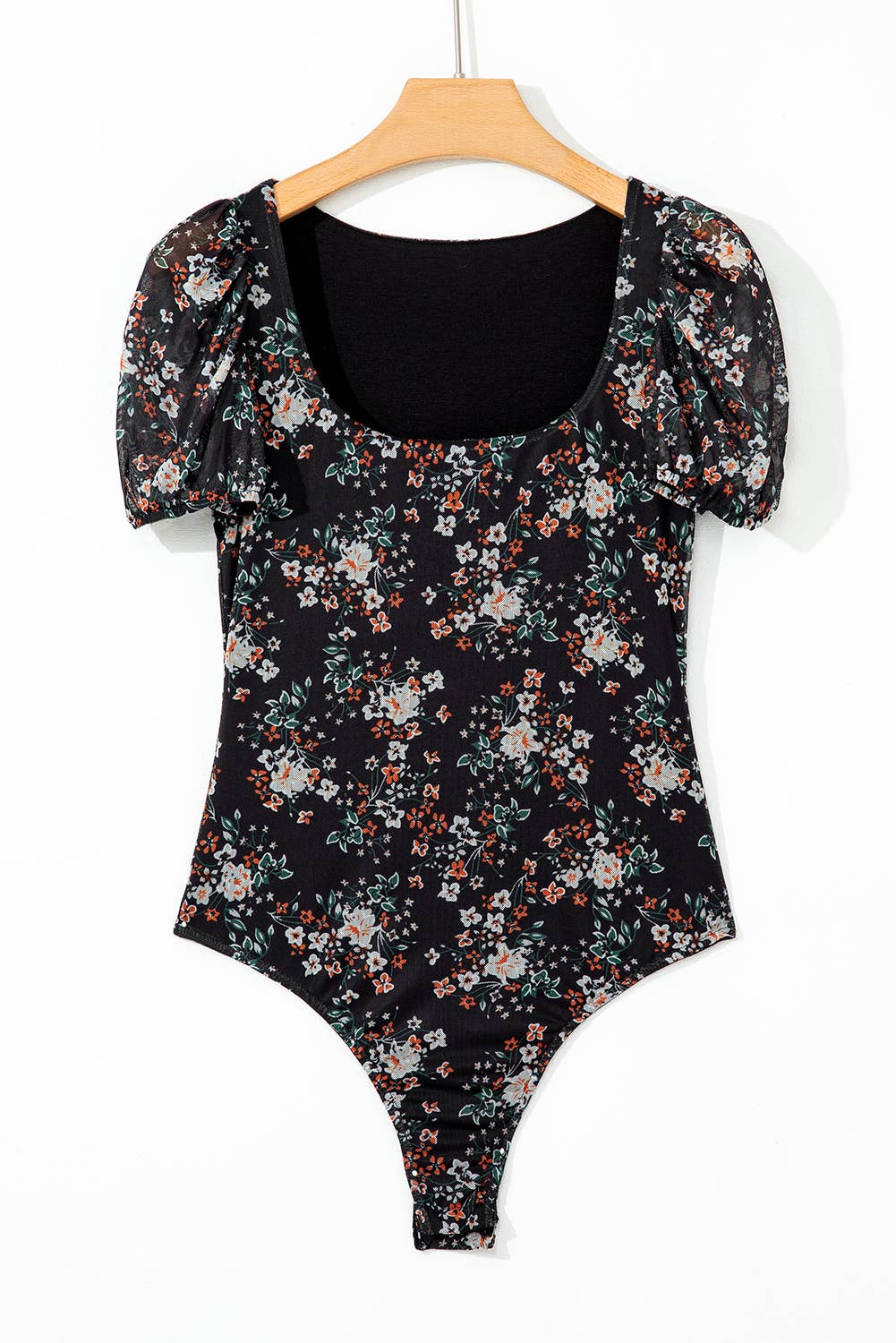 Floral Print U Neck Short Puff Sleeve Bodysuit