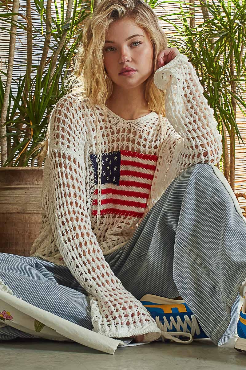 POL Long sleeve American flag hoodie thin sweater top