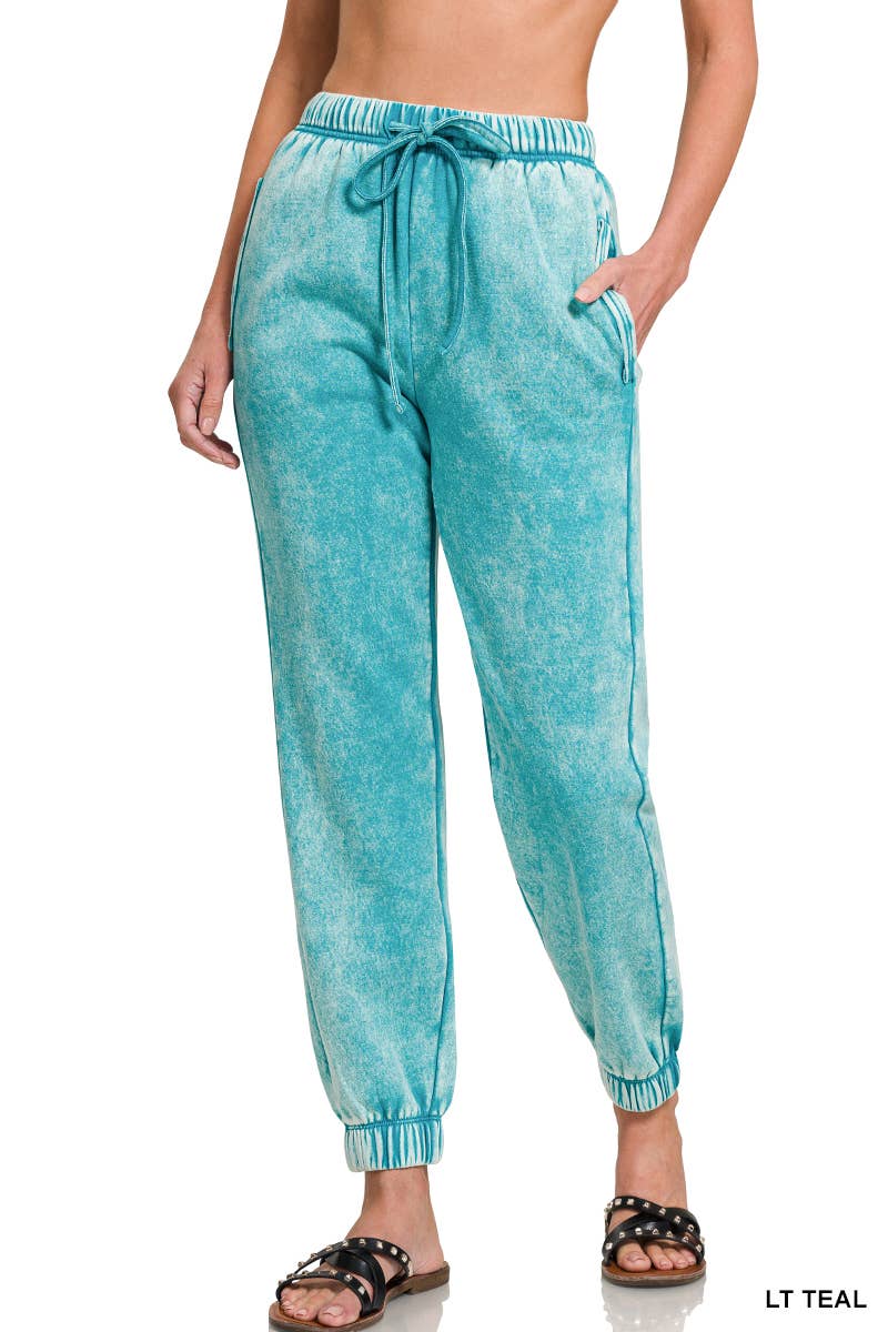 ZENANA SNOW ACID WASH FLEECE SWEATPANTS WITH POCKETS