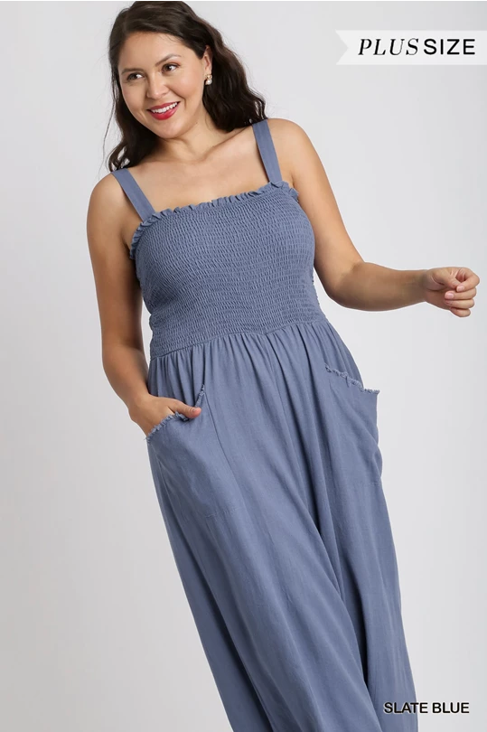 UMGEE Linen Blend Sleeveless Smocked Front Detail Jumpsuit with Side Pockets