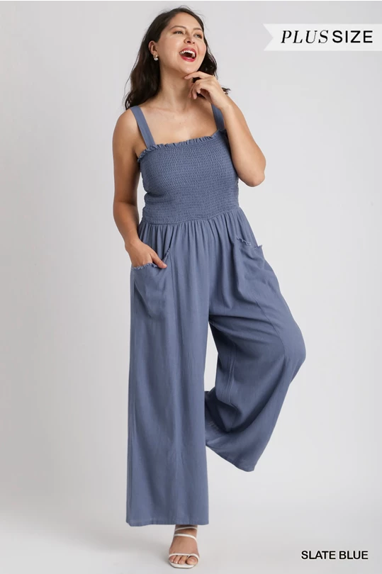 UMGEE Linen Blend Sleeveless Smocked Front Detail Jumpsuit with Side Pockets