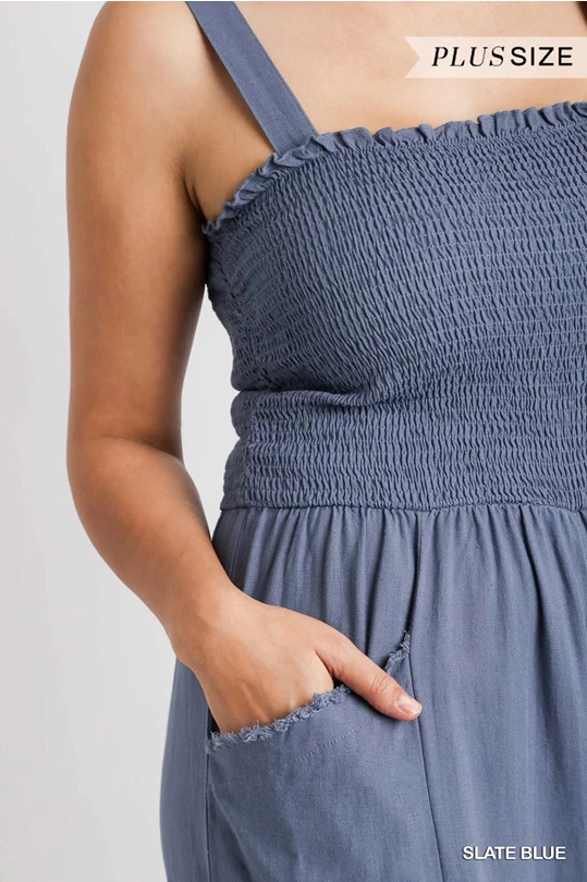 UMGEE Linen Blend Sleeveless Smocked Front Detail Jumpsuit with Side Pockets