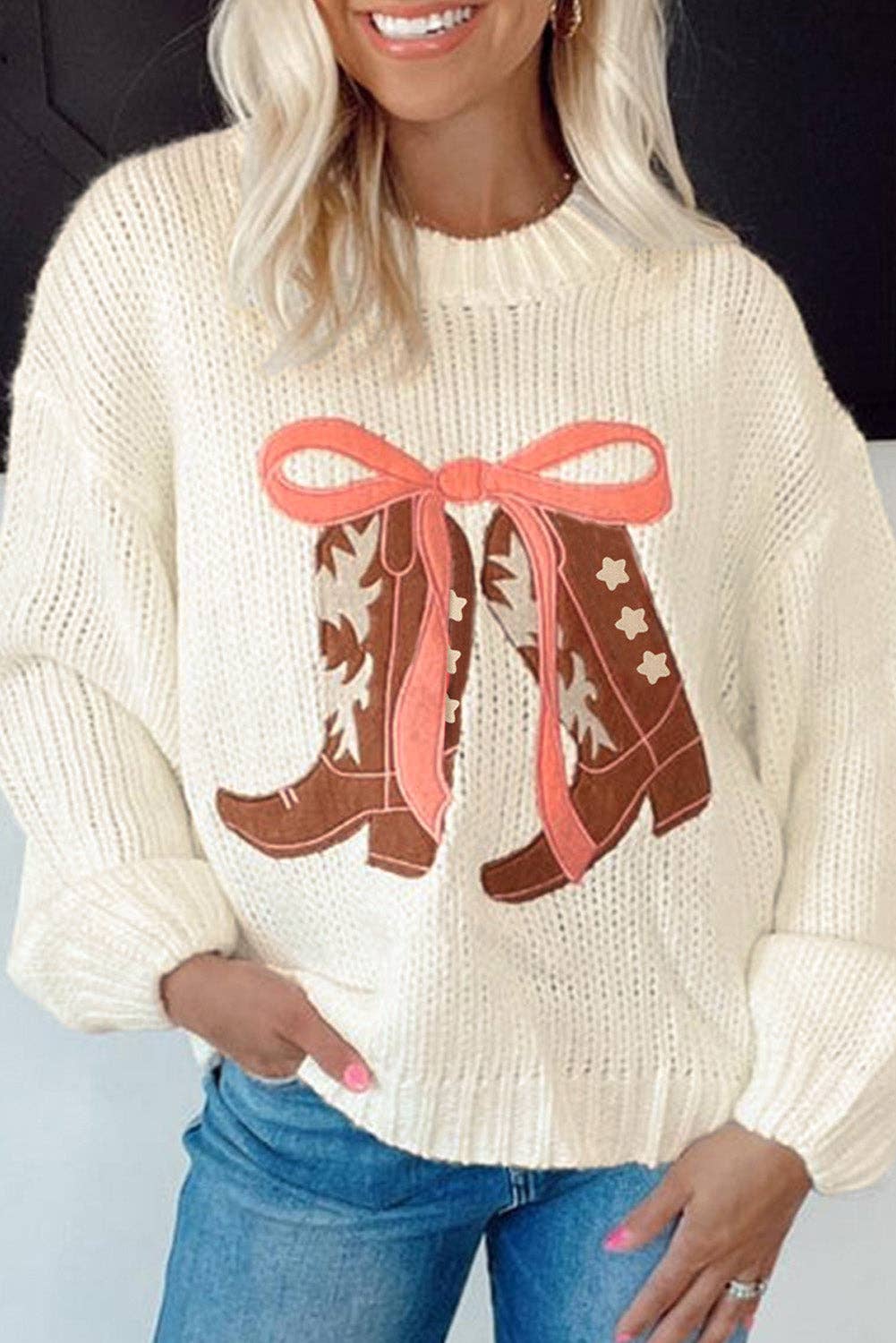Western Bow Boots Embroidered Sweater