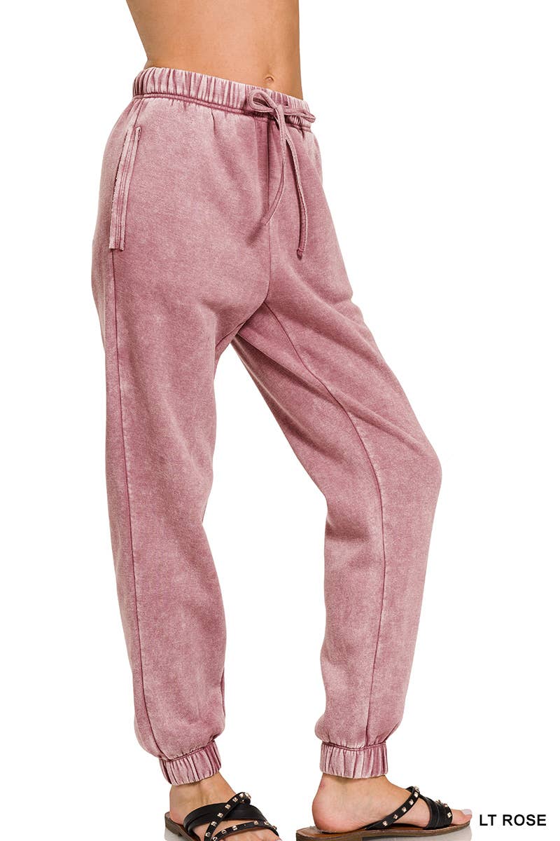 ZENANA SNOW ACID WASH FLEECE SWEATPANTS WITH POCKETS