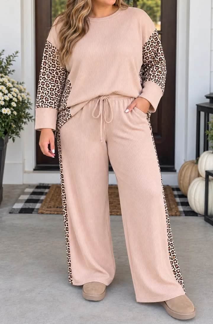 Beige Leopard Ribbed Plus Set Preorder