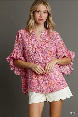 UMGEE Metallic Multicolor Animal Print Top with Ruffle Sleeves
