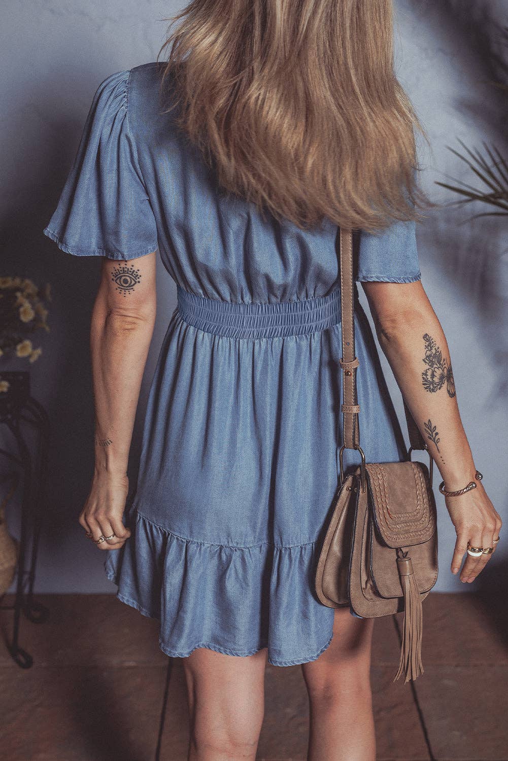 Denim Ruffle V-Neck Spring Mini Dress