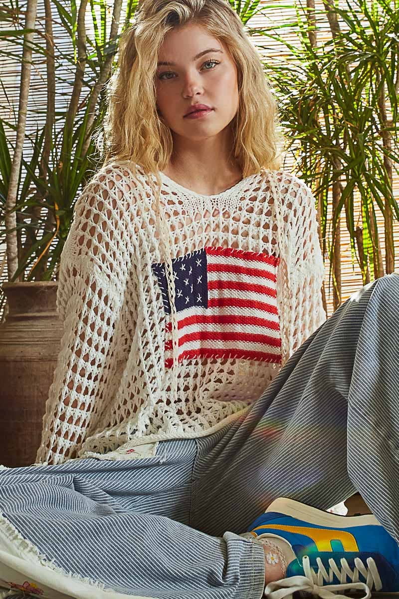 POL Long sleeve American flag hoodie thin sweater top