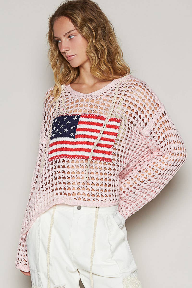 POL Long sleeve American flag hoodie thin sweater top