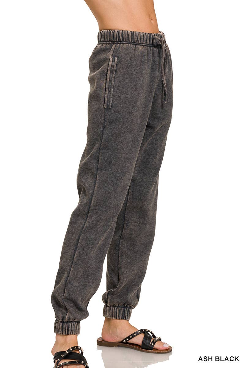ZENANA SNOW ACID WASH FLEECE SWEATPANTS WITH POCKETS