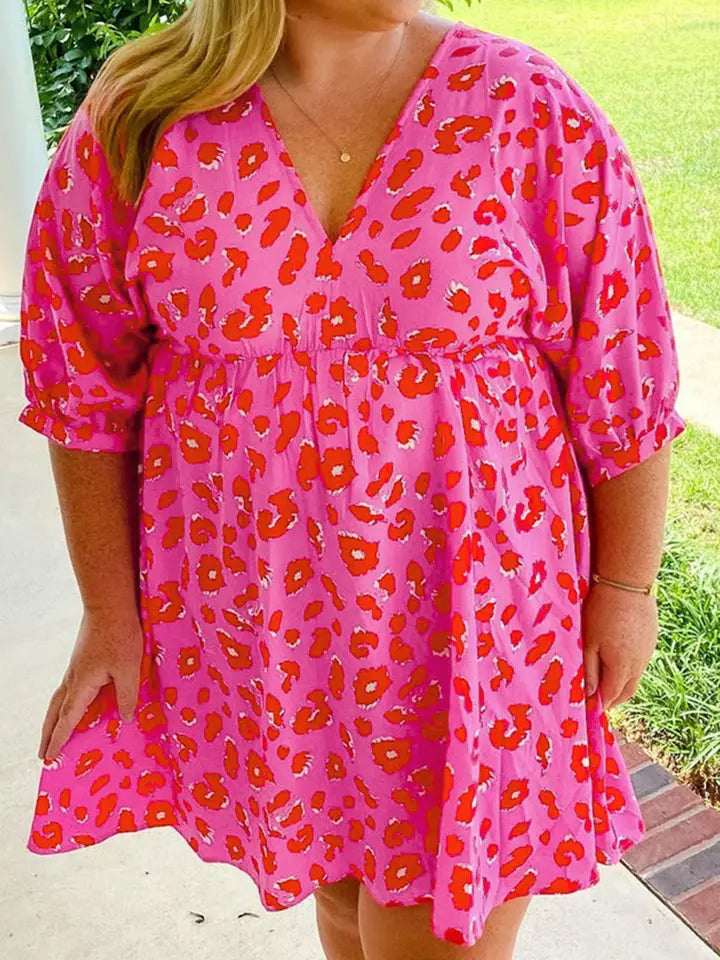 Rose Plus Size 3/4 Sleeves V Neck Leopard Dress