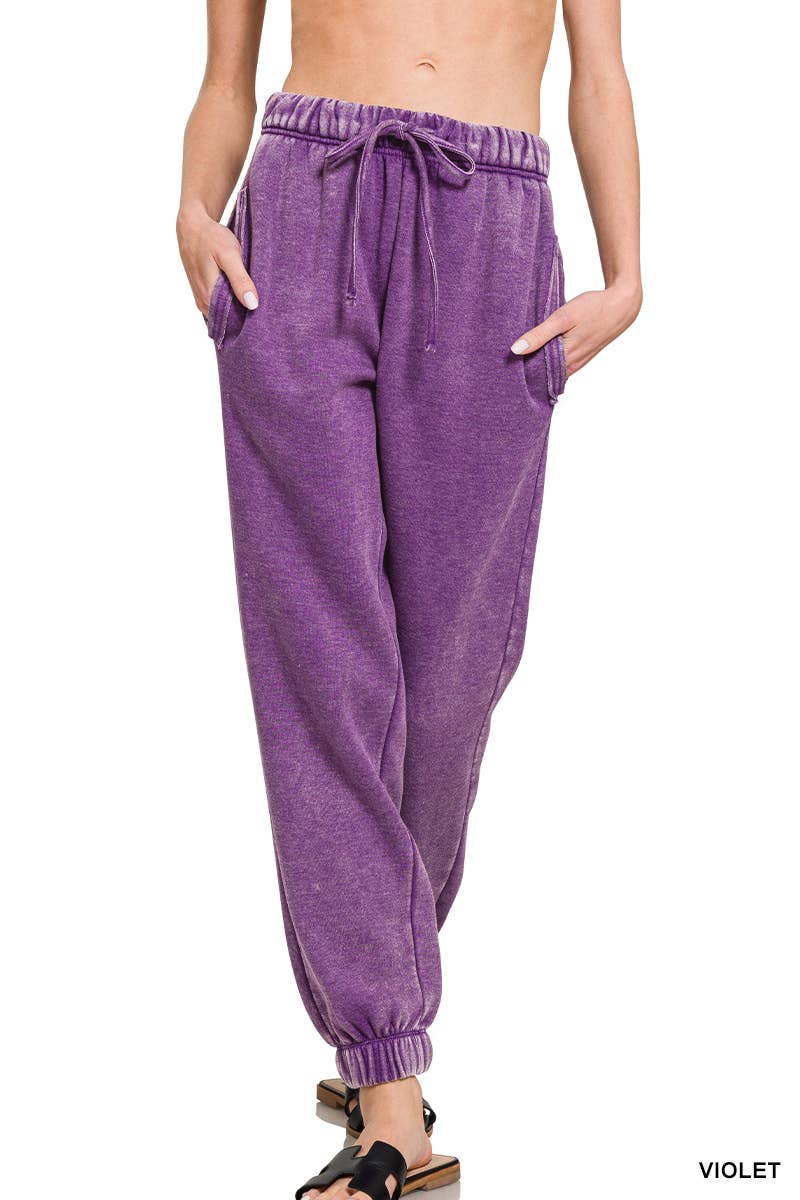 ZENANA SNOW ACID WASH FLEECE SWEATPANTS WITH POCKETS