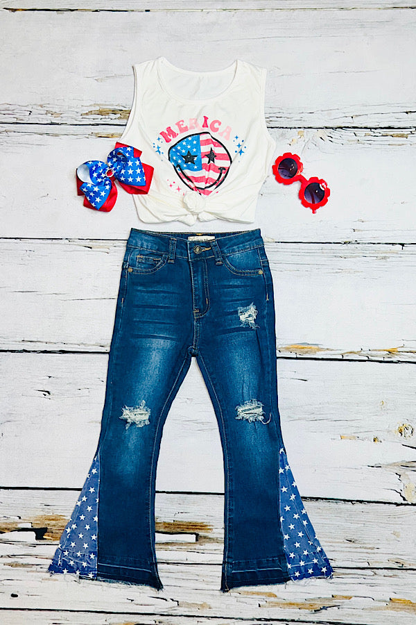 Dark Blue Distressed Denim Bell Bottoms W/Stars