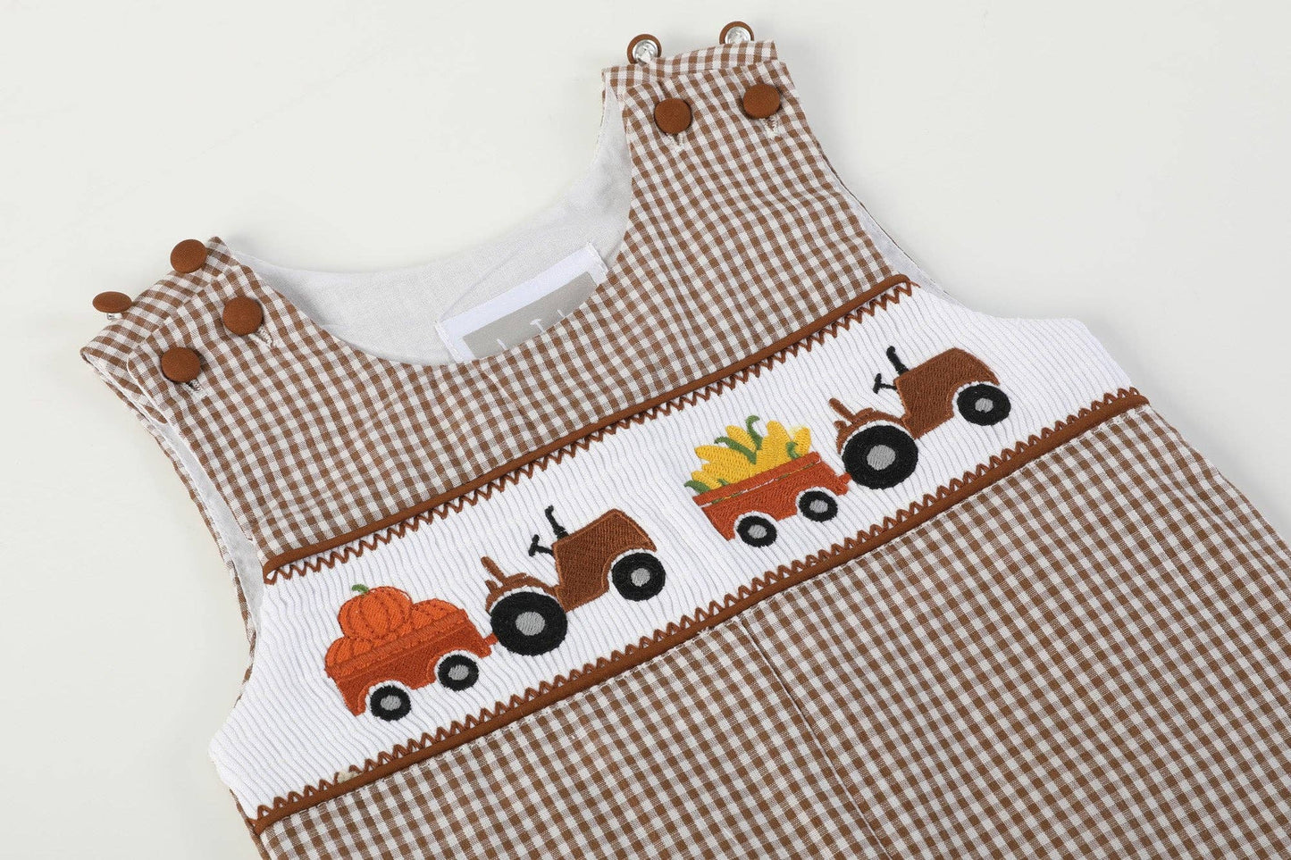 Lil Cactus Brown Gingham Pumpkin and Corn Tractor Smocked Overalls