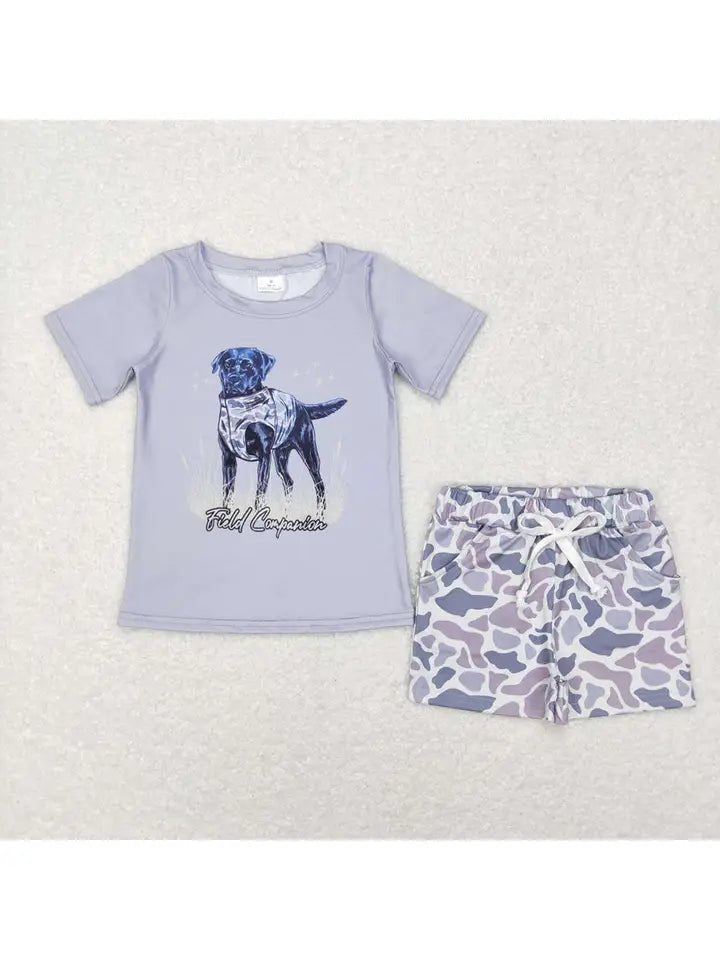 Boys Dog Field Companion Top Grey Camo Shorts
