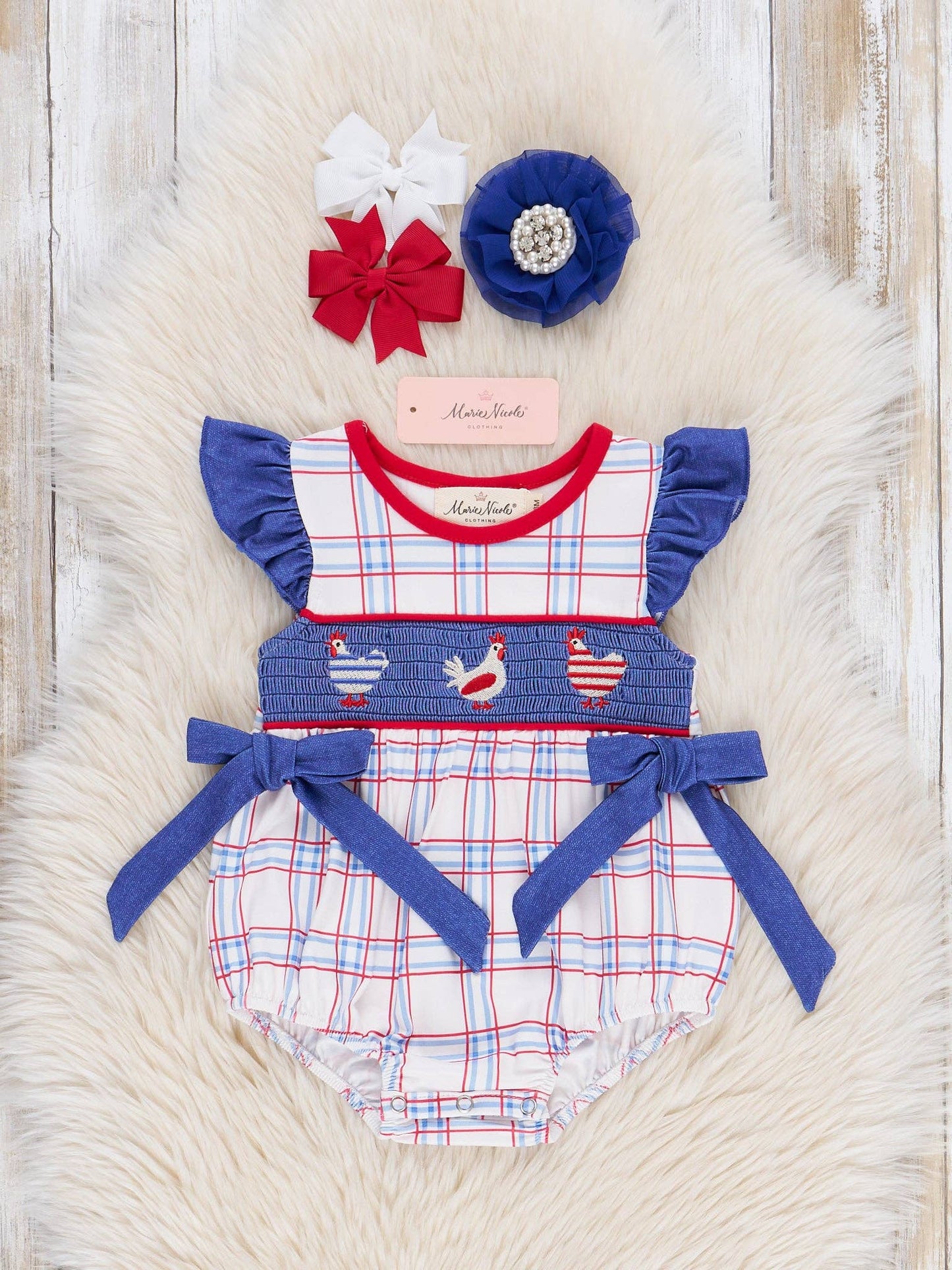 Patriotic Chickens Smocked Ruffle Bubble