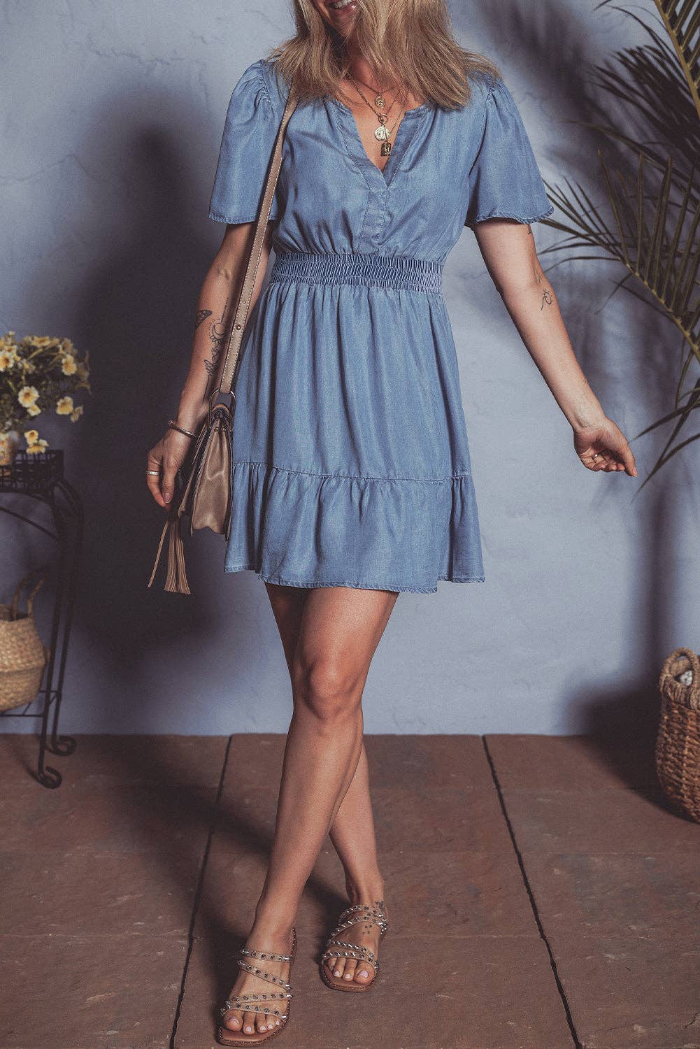 Denim Ruffle V-Neck Spring Mini Dress