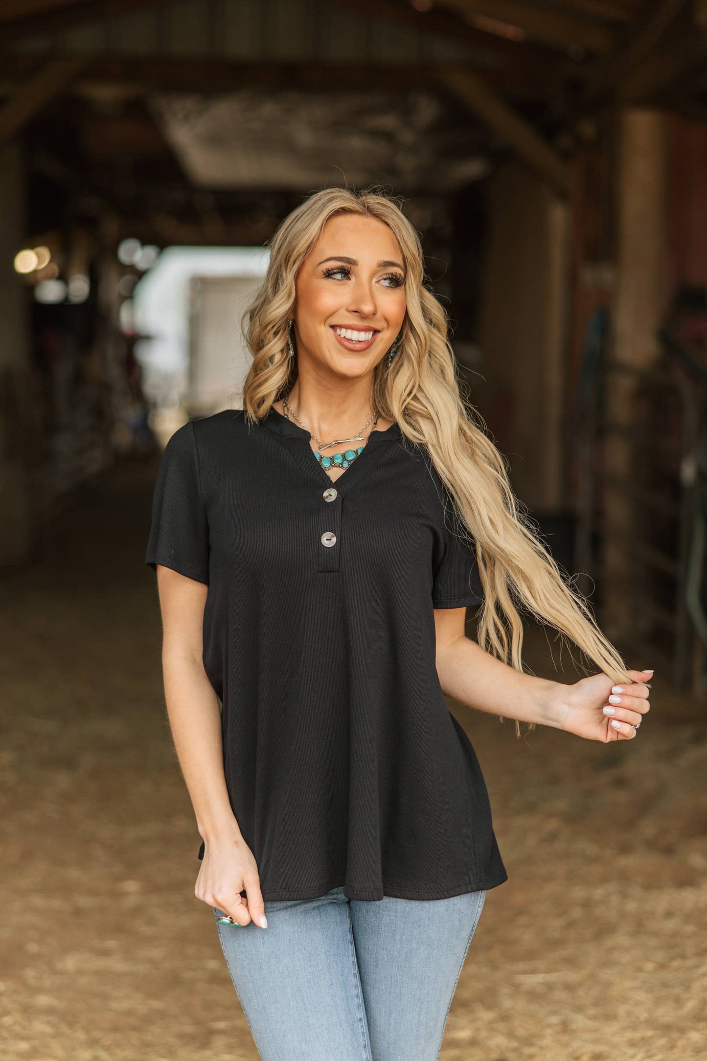 Ribbed Boyfriend Style Top w/ Button Detail