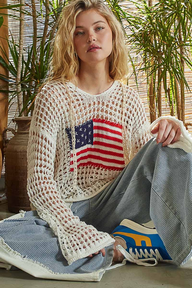 POL Long sleeve American flag hoodie thin sweater top