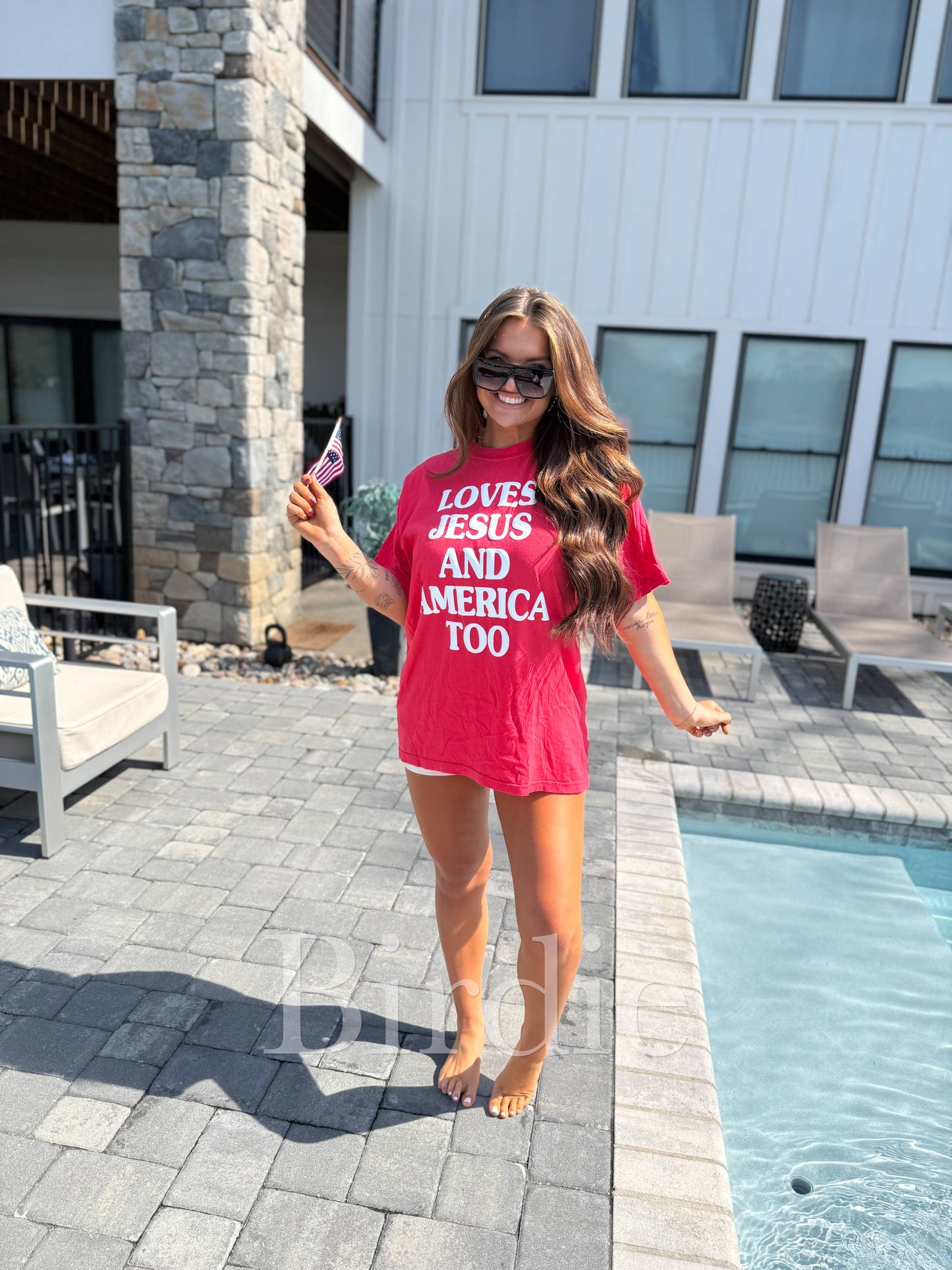 Birdie Loves Jesus & America Too Vinyl Graphic Tee on Paprika