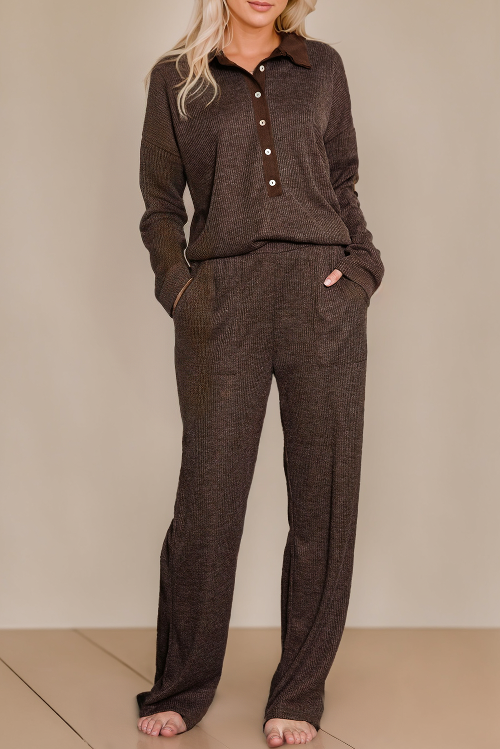 Ribbed Knit Collared Henley Top and Pants Lounge Outfit