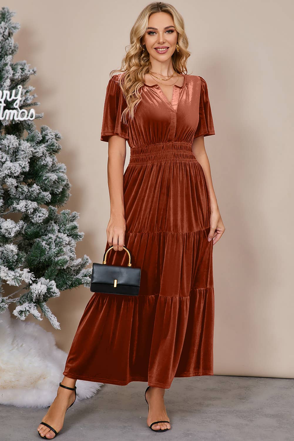 Chic Velvet Shirred Waist Tiered Maxi Dress