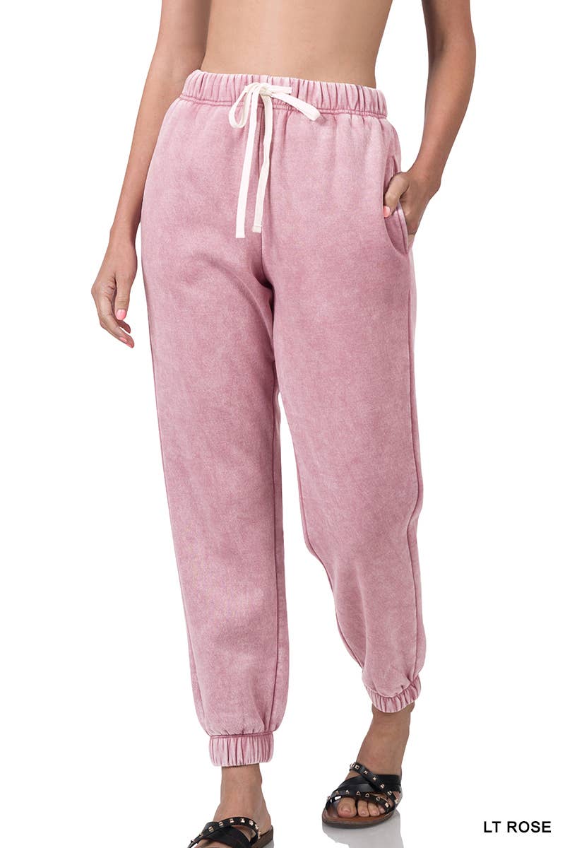 ZENANA SNOW ACID WASH FLEECE SWEATPANTS WITH POCKETS