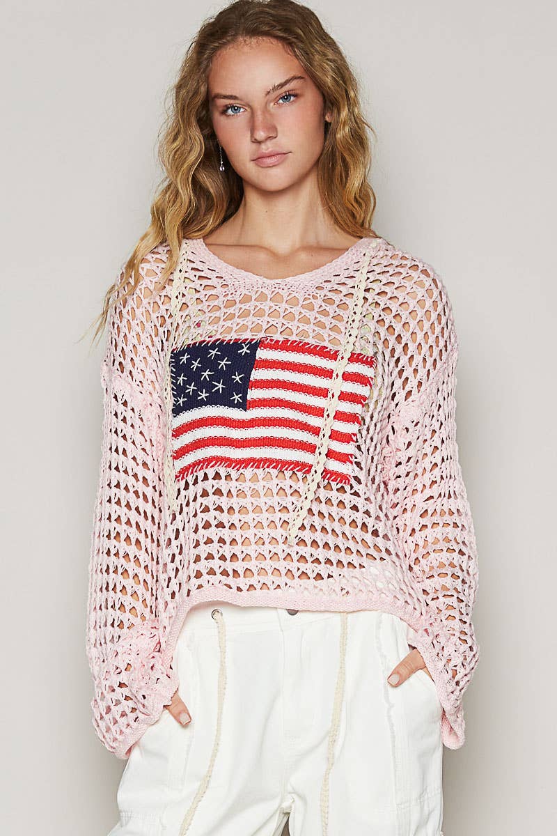 POL Long sleeve American flag hoodie thin sweater top