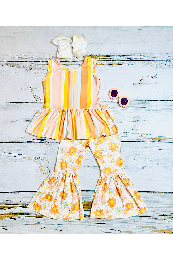 Peach Tones Floral & Stripped Sleeveless 2pc Set
