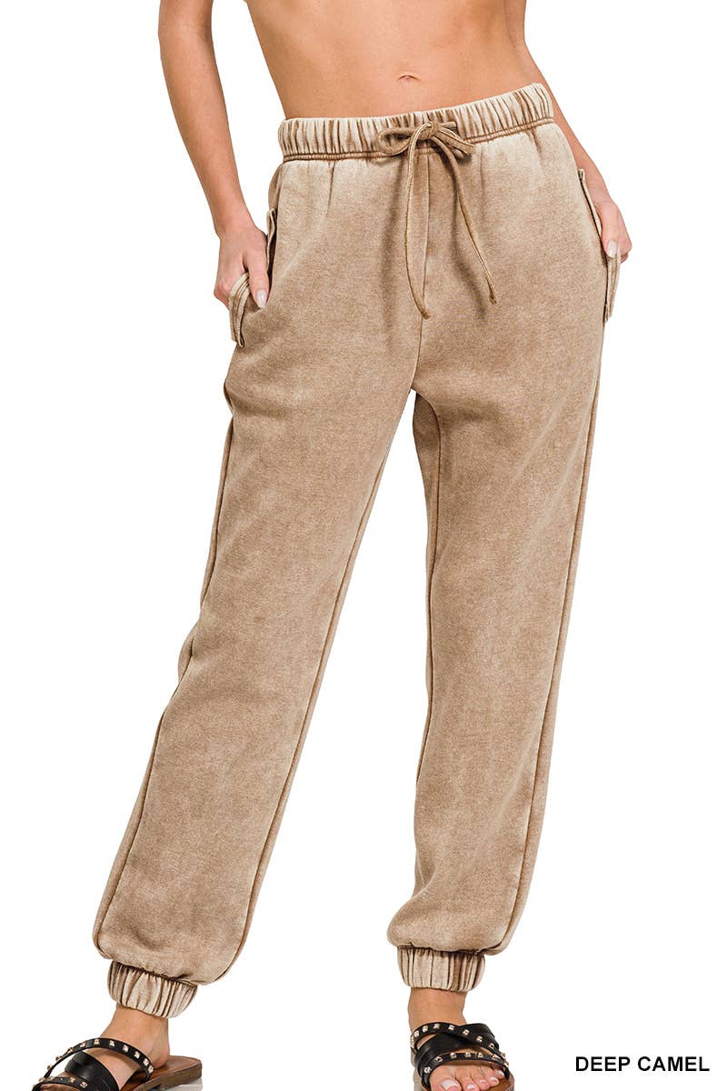 ZENANA SNOW ACID WASH FLEECE SWEATPANTS WITH POCKETS