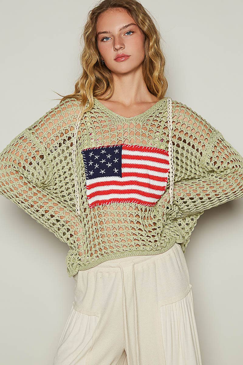POL Long sleeve American flag hoodie thin sweater top