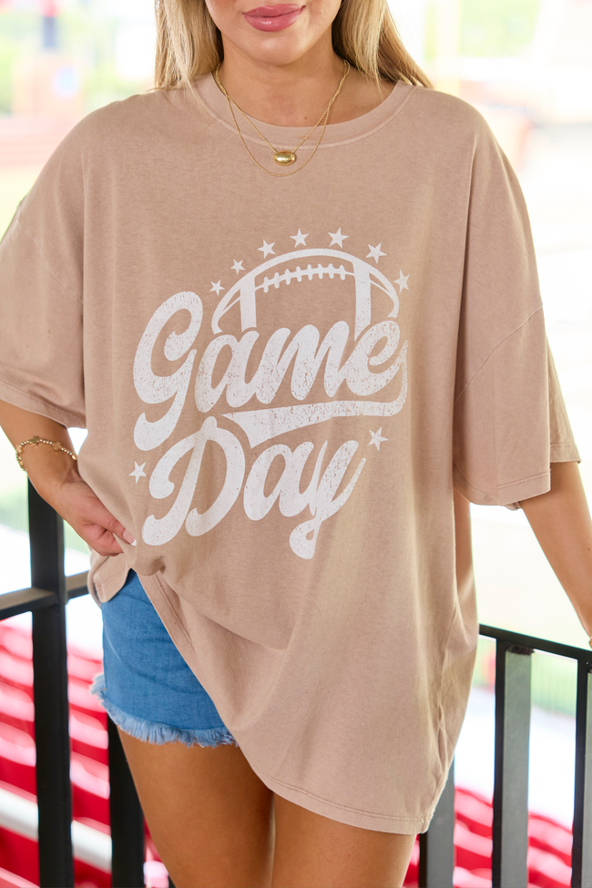 Game Day Script Taupe Oversized Graphic Tee
