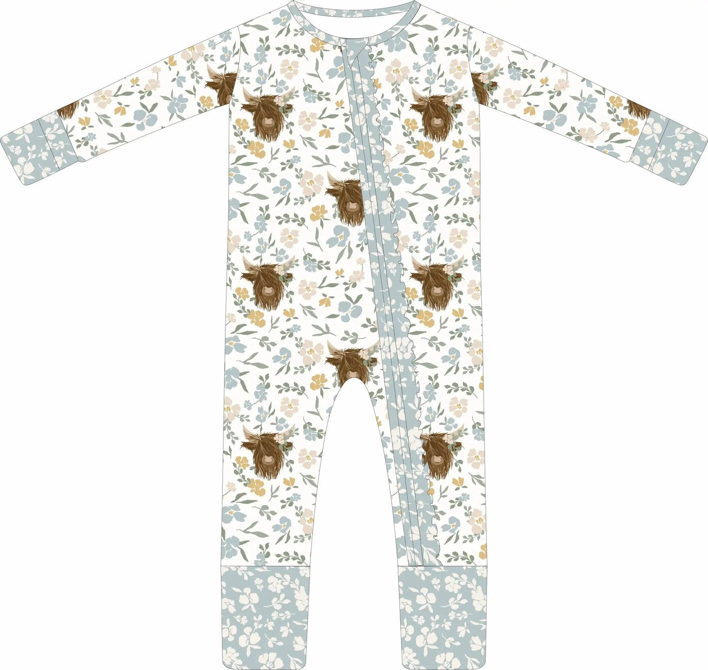 Max and Pippa - Bamboo Floral Highland Cow Zippie Convertible Pajamas