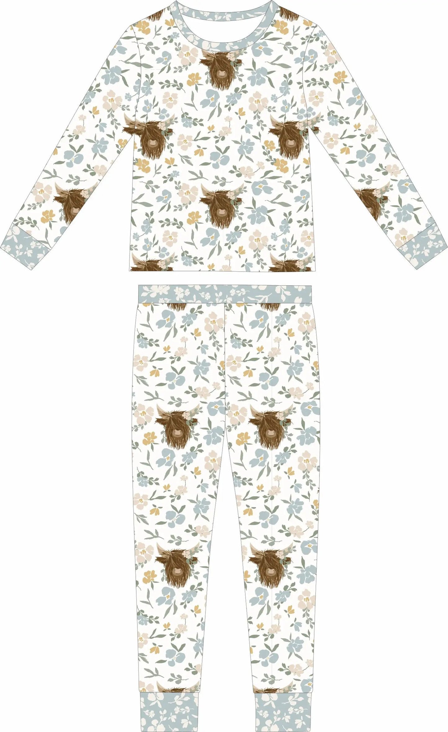 Max and Pippa - Bamboo Floral Highland Cow 2-Piece Pajama Set