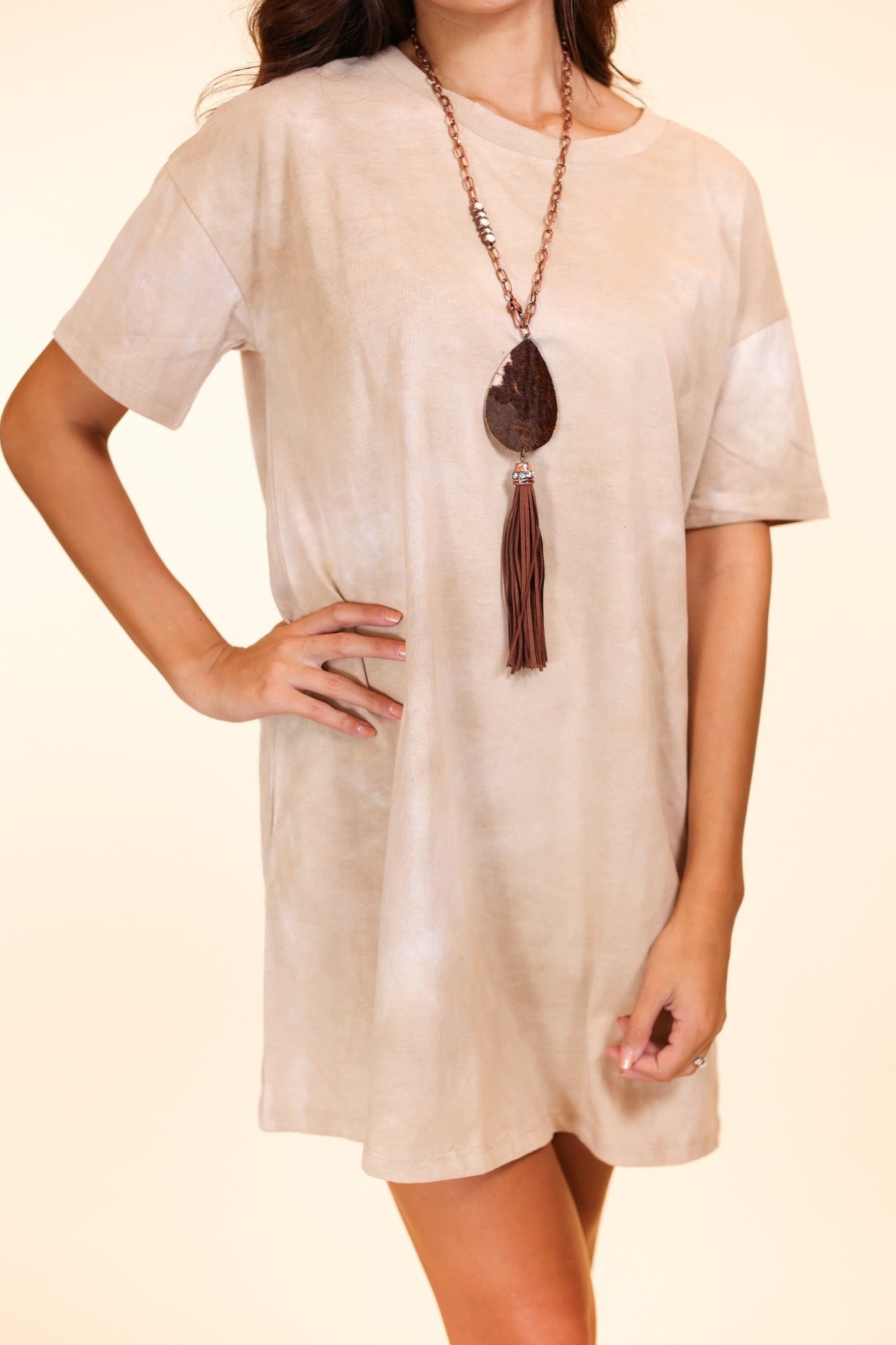 Grace + Emma Adventuresome Beige Tie Dye T-Shirt Dress