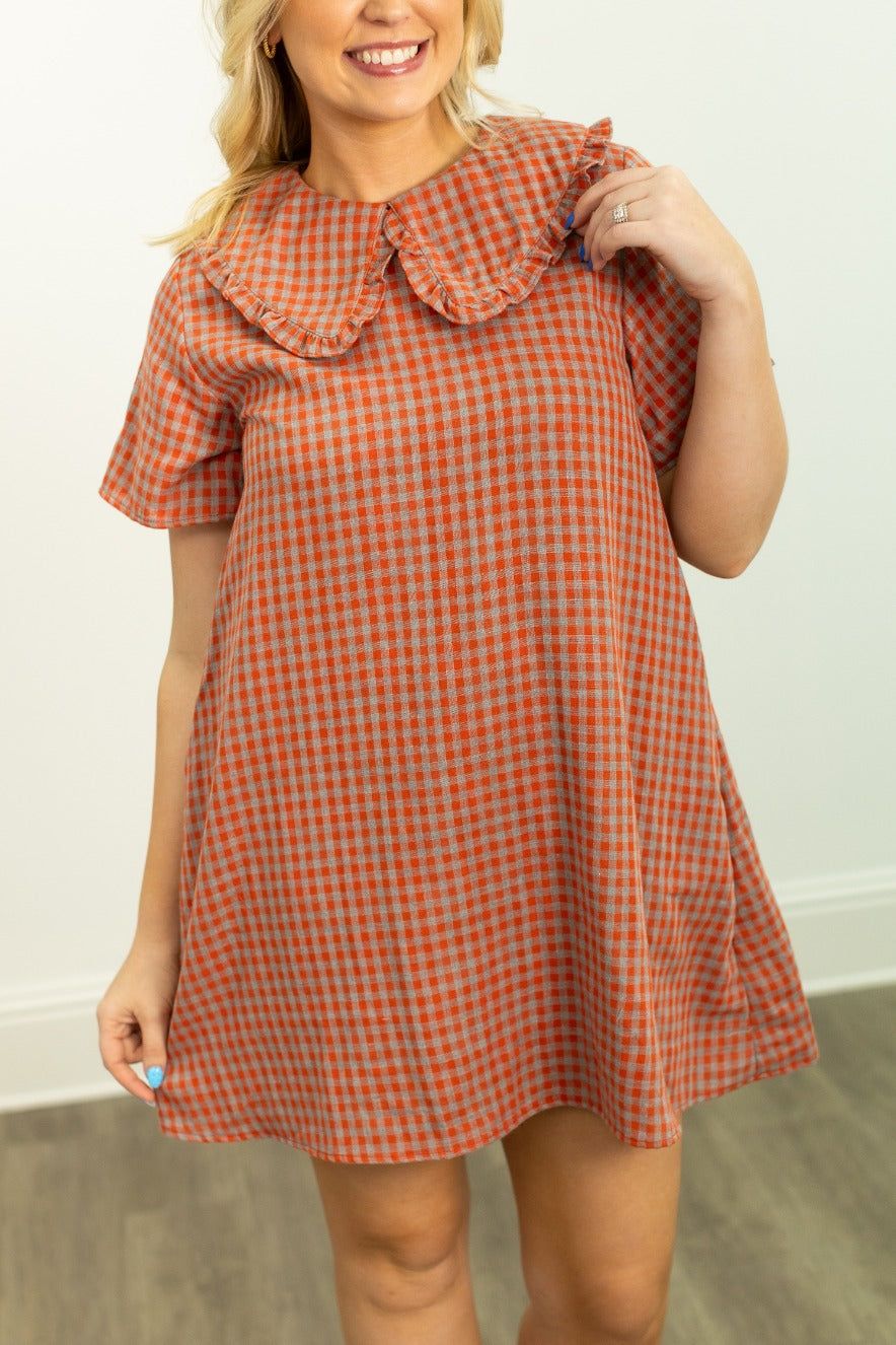 Grace + Emma Orange and Grey Gingham Dress