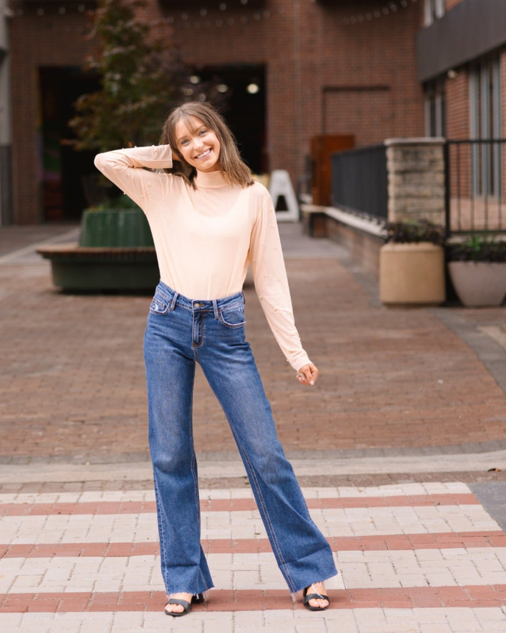 Grace & Emma Mock Neck Mesh Top with Pearl Detail, Champagne