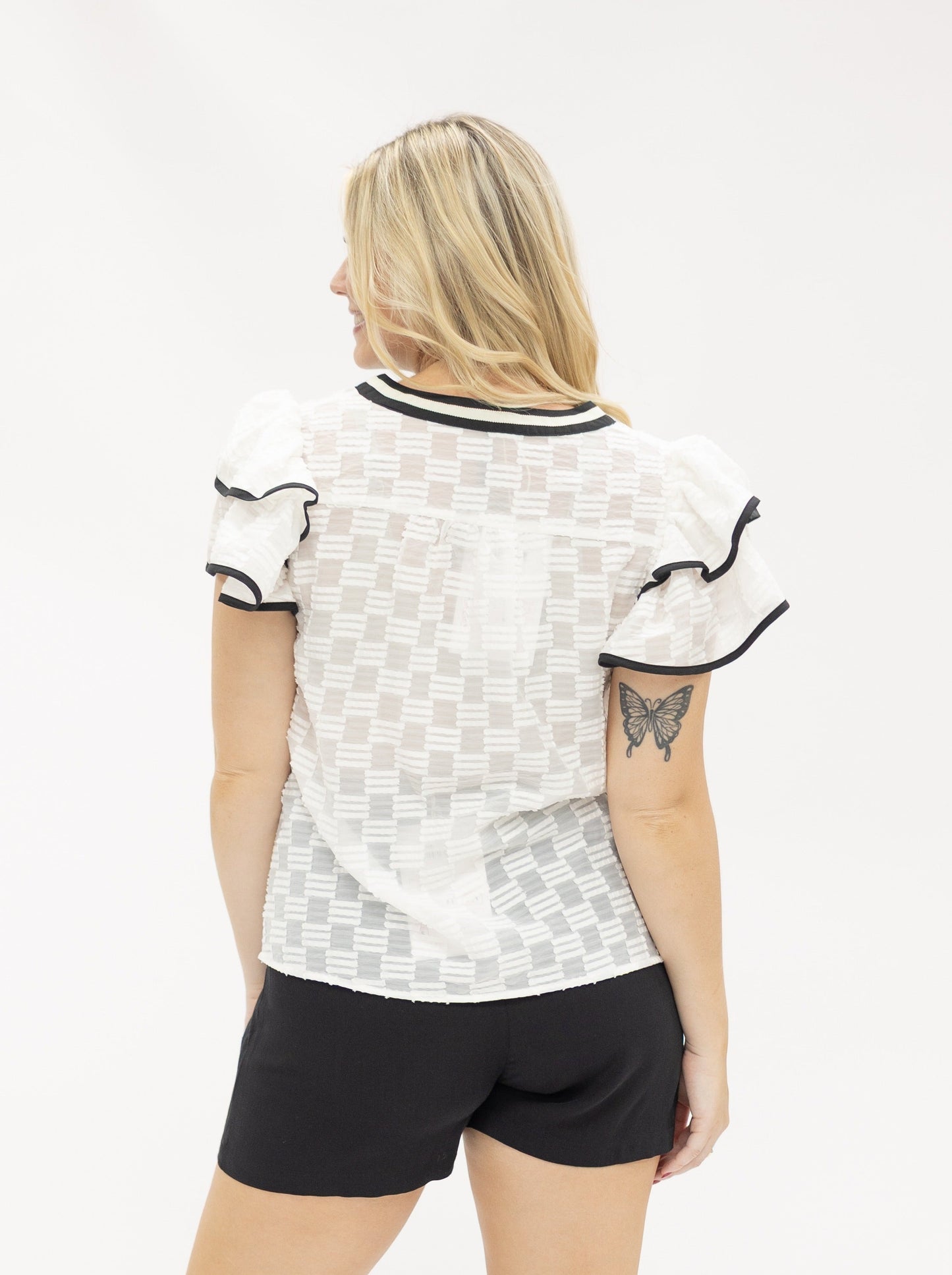 Grace & Emma V-Neck Flutter Sleeve Top, White