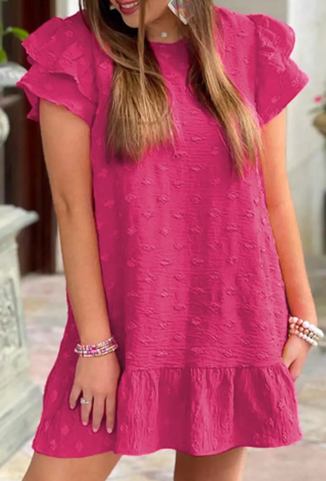 Pink Plus Size Jacquard Short Ruffle Sleeve Mini Dress