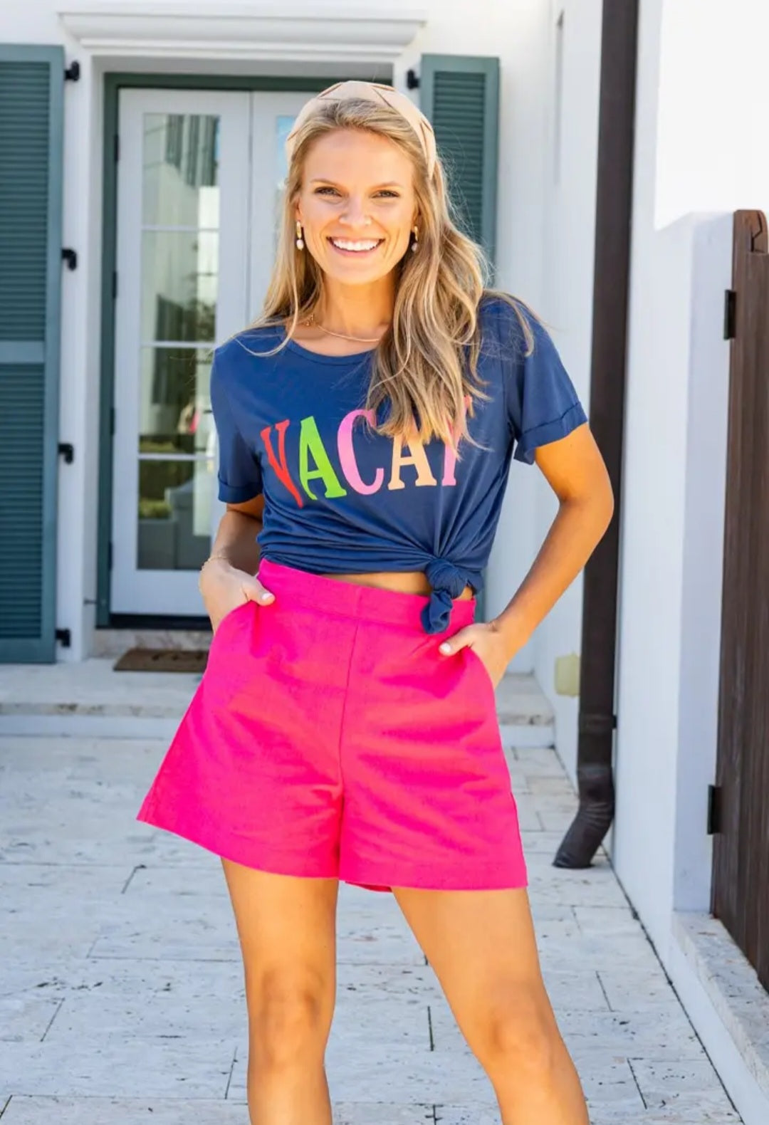 Vacay on Navy Crewneck Cuff Tee