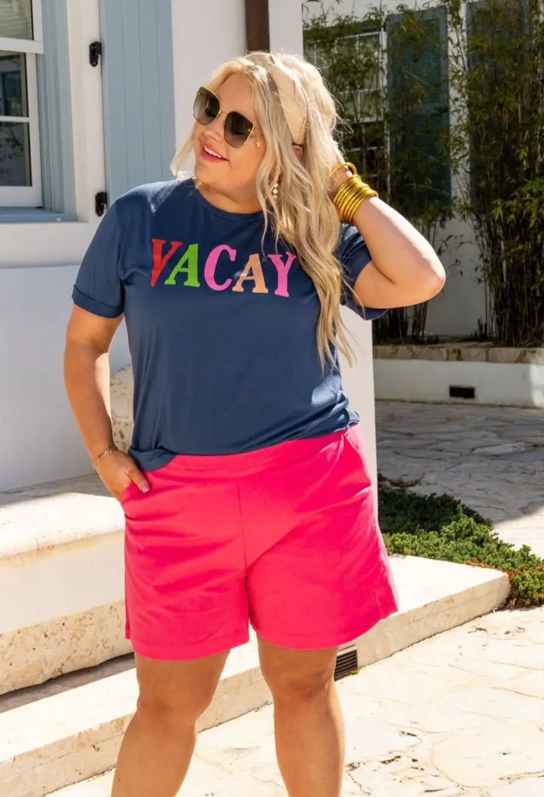Vacay on Navy Crewneck Cuff Tee